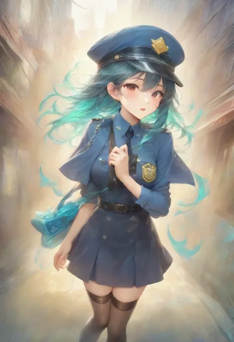 masterpiece, best quality, very aesthetic, absurdres, full body shot,(police costume:1.3), (button gap:0), police skirt, police cap, stockings with garter, on the crowed street, spirit of the wind, 1girl, aqua (konosuba), kono subarashii sekai ni shukufuku...