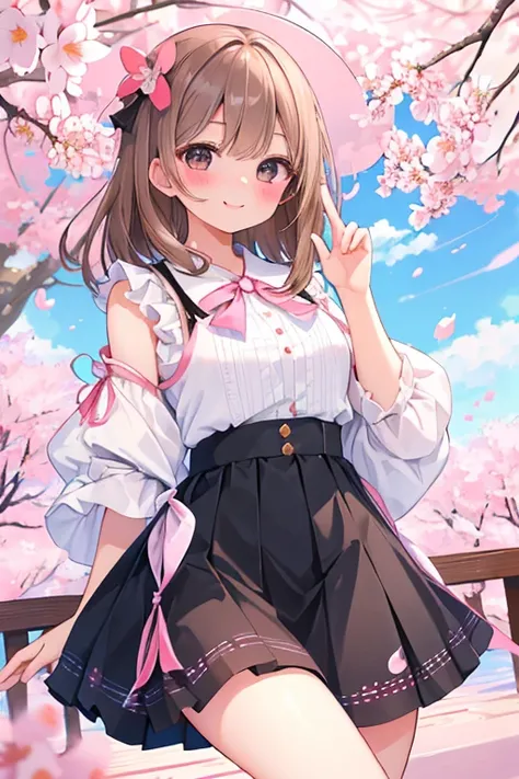 beautiful illustrations, highest quality, pretty girl,beautiful girl、clear face、 half girl、pastel colour 、brown hair、black eyes、smile、blush、にこやかなsmile、thighs、perfect hands、five fingers、cherry blossoms吹雪、cherry blossoms