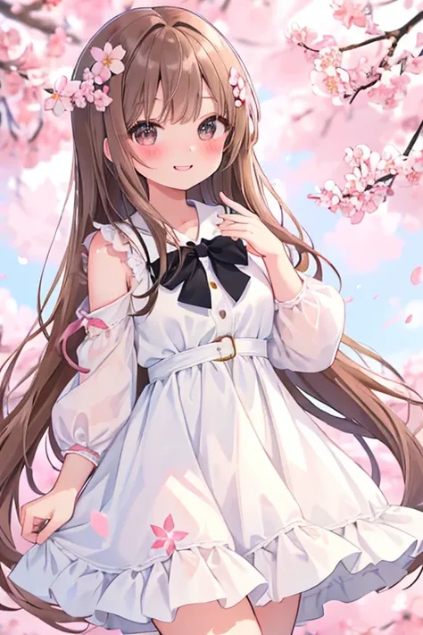 beautiful illustrations, highest quality, pretty girl,beautiful girl、clear face、 half girl、pastel colour 、brown hair、black eyes、smile、blush、にこやかなsmile、thighs、perfect hands、five fingers、cherry blossoms吹雪、cherry blossoms、fantasy、fantasy、white dress