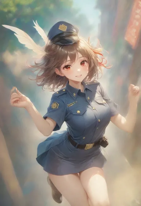 masterpiece, best quality, very aesthetic, absurdres, full body shot,(police costume:1.3), (button gap:0), police skirt, police cap, stockings with garter, on the crowed street, spirit of the wind, 1girl, nishikigi chisato, lycoris recoil