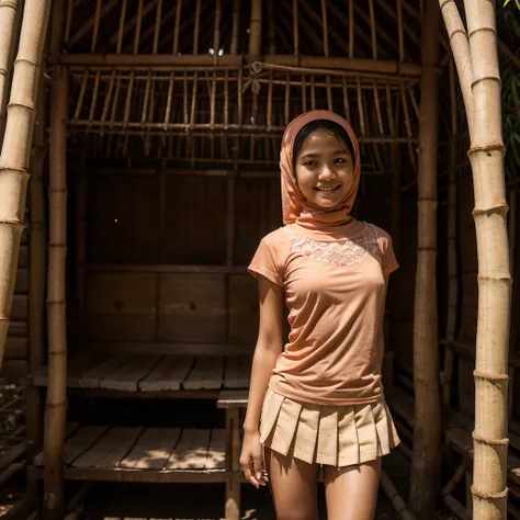 A 12 years old Indonesian girl in peach color hijab, wearing peach color lace tight t-shirt, wearing very short peach color pleated skirt, darker skin, skinny body, short body, smiling and standing in the old bamboo cabin in a forest, look to the viewer wi...