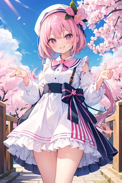 beautiful illustrations, highest quality, pretty girl,beautiful girl、clear face、 half girl、pastel colour 、pink hair、black eyes、smile、blush、にこやかなsmile、thighs、perfect hands、five fingers、cherry blossoms吹雪、cherry blossoms、fantasy、fantasy、cherry blossomsの妖精