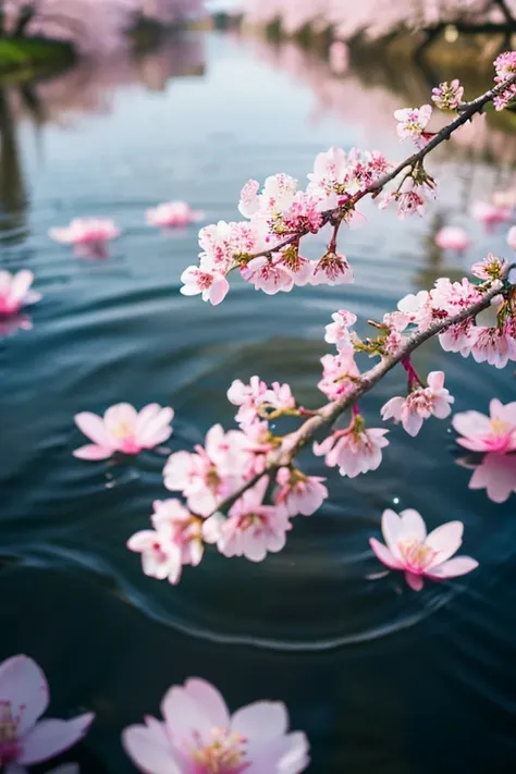 Romantic landscape style, Canon EOS 5D Mark IV, cherry blossom petals, Japanese sword floating on water,sparkling water reflection, extensiive、high quality photos, photo material