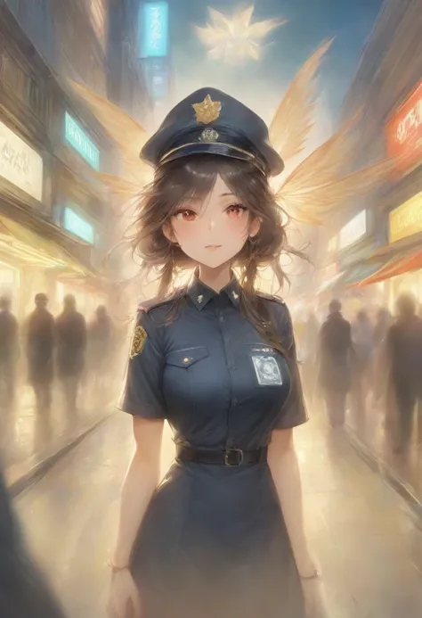 masterpiece, best quality, very aesthetic, absurdres, full body shot,(police costume:1.3), (button gap:0), police skirt, police cap, stockings with garter, on the crowed street, spirit of the wind, 1girl, nakahara mizuki, lycoris recoil