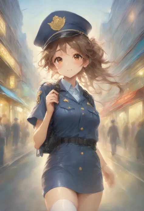 masterpiece, best quality, very aesthetic, absurdres, full body shot,(police costume:1.3), (button gap:0), police skirt, police cap, stockings with garter, on the crowed street, spirit of the wind, 1girl, hirasawa ui, k-on!