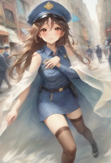 masterpiece, best quality, very aesthetic, absurdres, full body shot,(police costume:1.3), (button gap:0), police skirt, police cap, stockings with garter, on the crowed street, spirit of the wind, 1girl, yamanaka sawako, k-on!