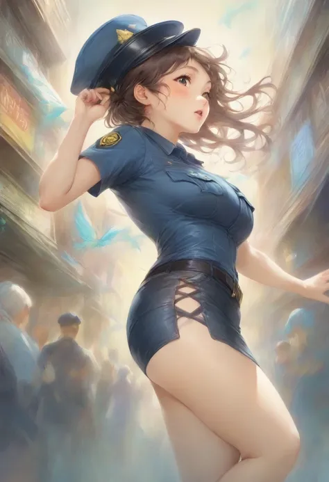 masterpiece, best quality, very aesthetic, absurdres, full body shot,(police costume:1.3), (button gap:0), police skirt, police cap, stockings with garter, on the crowed street, spirit of the wind, 1girl, wakaouji ichigo, k-on!