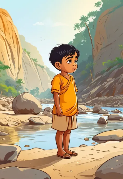 Little boy Raju contemplating whether to lift the golden rock from the riverbed, his brow furrowed in thought. Cartoon style 