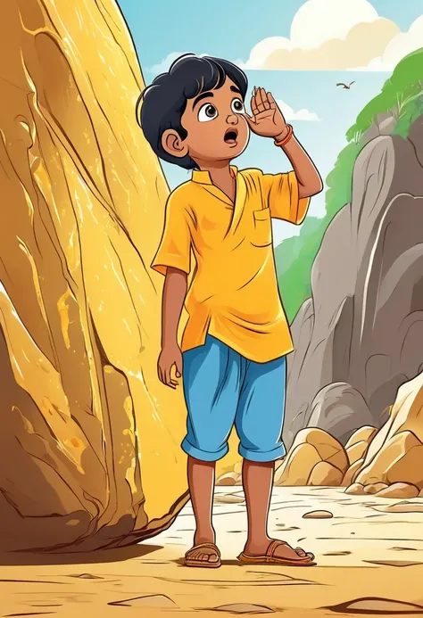 Little boy Raju deciding to leave the golden rock untouched, his hand hesitating above it, showing his moral dilemma. Cartoon style 