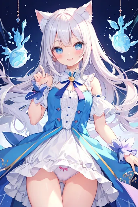 beautiful illustrations, highest quality, pretty girl,beautiful girl、clear face、 half girl、pastel colour 、smile、blush、にこやかなsmile、thighs、perfect hands、five fingers、fantasy、fantasy、Cat ear、white hair、blue eyes、underwear