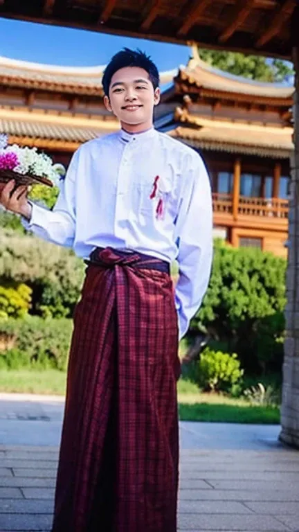 20 years old  Beautiful Burmese in traditional dress  boy  Smiling face, friendly look, smiling at the camera, detailed clear view background, pagodas seen in the distance, farmland, natural beauty fullbudy 