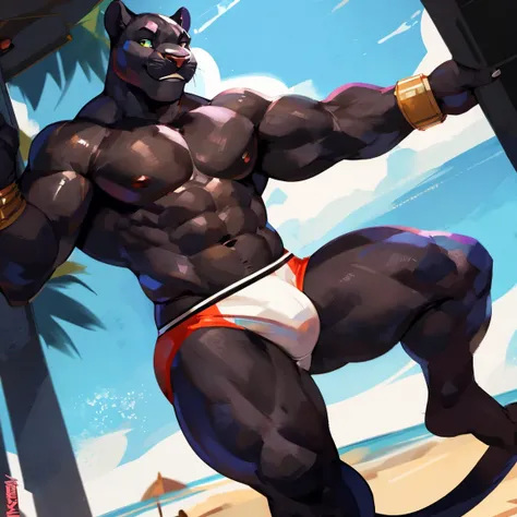 Muscular, panther in speedo, black Panther, white speedos, white underwear, strong legs, hands, posing, By mystikfox61