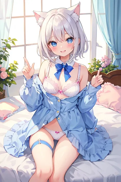 beautiful illustrations, highest quality, pretty girl,beautiful girl、clear face、 half girl、pastel colour 、smile、blush、にこやかなsmile、thighs、perfect hands、five fingers、Cat ear、white hair、blue eyes、underwear、bra、Bedroom