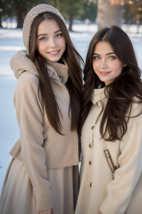 Professional photograph, best quality, 8K, hyper detailed, half body, A close up portrait of two gorgeous, beautiful, wonderful women, argentinian and russian females together posing for the camera, both women have super long hair, argentinian girl has dar...