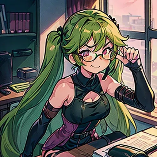 ((High quality)), ((Best quality)), ((Detail)), ((Expressive eyes)), (Anime girl), (Long, green hair), (long pigtails), (Pink eyes), (Tan skin), (Black, leather, cami dress), (glasses), (freckles), (Black thigh-high boots), (Sitting on a brown desk in a of...