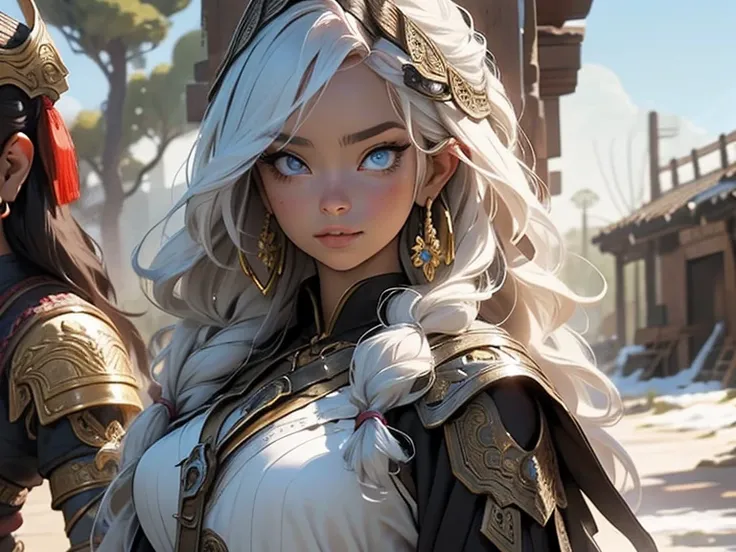 A brave, invincible battlefield commander, holding a great sword in left hand at eye level, a bold 22 year old Valkyrie who boasts unparalleled beauty, strong and mysterious face, extremely detailed and beautiful blue eyes, white hair in tight braids, bold...