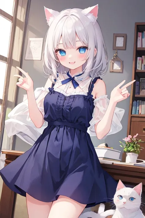 beautiful illustrations, highest quality, pretty girl,beautiful girl、clear face、 half girl、pastel colour 、smile、blush、にこやかなsmile、thighs、perfect hands、five fingers、Cat ear、white hair、blue eyeaid clothes