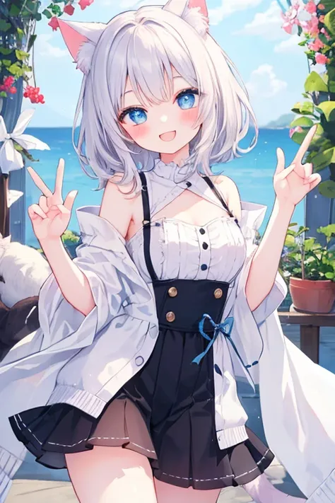 beautiful illustrations, highest quality, pretty girl,beautiful girl、clear face、 half girl、pastel colour 、smile、blush、にこやかなsmile、thighs、perfect hands、five fingers、Cat ear、white hair、blue eyeaid clothes