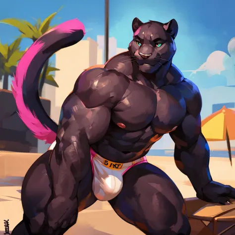 Muscular, panther in speedo, black Panther, big chest, nipples, pink, white speedos, white underwear, strong legs, hands, posing, By mystikfox61