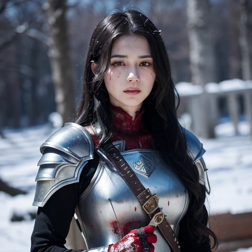 (((full medium shot))), (Masterpiece, photorealistic, photorealism, best quality, ultra-detailed:1.3), (nice hands, perfect hands), official art, cinematic light, (1girl:1.3), adult, beautiful Warrior Snow White with wavy black hair, by Greg Rutkowski, Int...