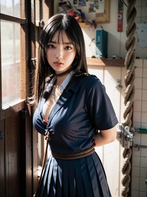 (41k4:1.15), (aika-sawaguchi:0.7), face, masterpiece, Best Quality, 8K, Raw photo, top-notch quality, masterpiece, (BDSM:1.5), (rope bondage:1.4), (tied up with rope:1.3), (wearing school uniform:1.8), (arms behind back:1.2), (cowboy shot:1.4), (open blous...