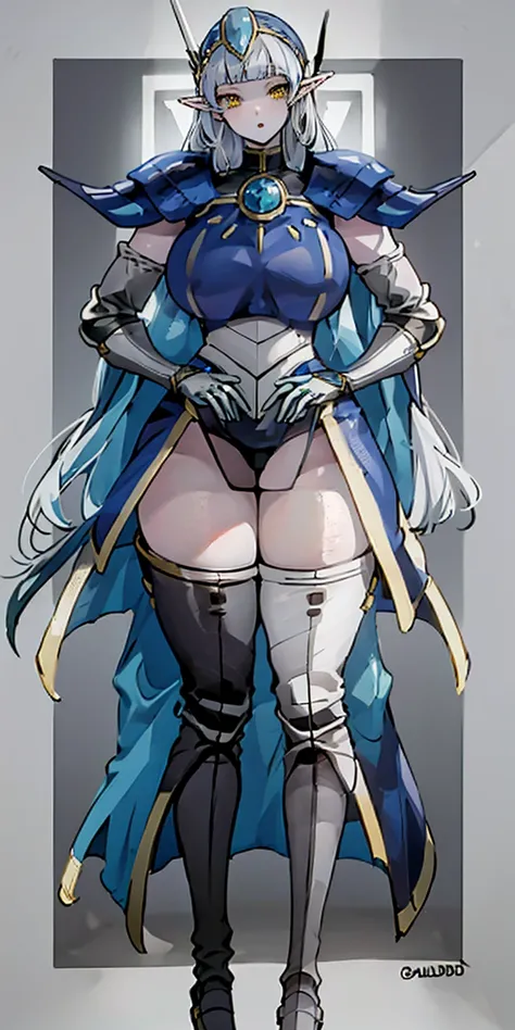 masterpiece, best quality, high quality, 1solo white SKIN elf, long hair, white hair, yellow eyes, full body, breastplate, looking at viewer, shiny, armor, thigh highs, high boots, shoulder armor, faulds, poleyn, gloves, gauntlets