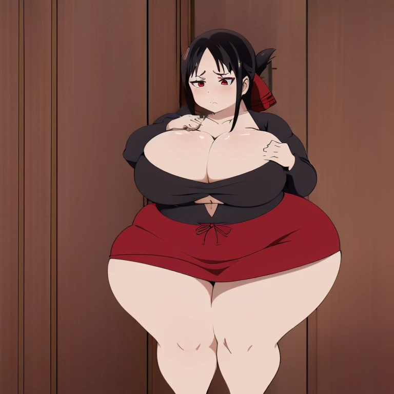 1girl, top-heavy figure, ((((incredibly big chest)))), ((((big tits)))), (((saggy chest))), pout, embarassed, shortstack, short woman, small height, mature, standing, full body, obese, fatty, out of shape, bbw, ssbbw, shinomiya kaguya, black hair, red eyes...