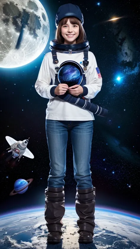 best quality, high resolution, distinct image, concept art, night sky, stars, moon, girl, smile, hair, eyes, mouth, hands, feet, clothing, jeans, t-shirt, scarf, hat, space, spaceship, spacesuit, astronaut, planet, galaxy, beautiful, cute, cozy, natural, d...