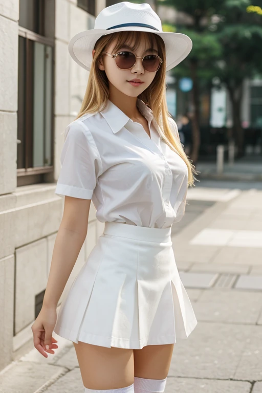 Cute Korean girl with blonde hair wearing a short white skirt with white stockings, wearing a white shirt with sunglasses and a hat.