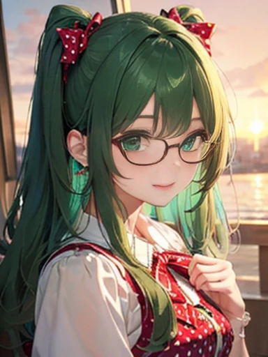 （Glasses）、The arrival of autumn、big butt、 Super detailed,bright colors, very beautiful detailed anime face and eyes,highest quality, hyper detail, masterpiece, look straight, ;shiny_skin,girl, ((gradation hair , Half white hair、Half green hair: 1.2)) 、fore...