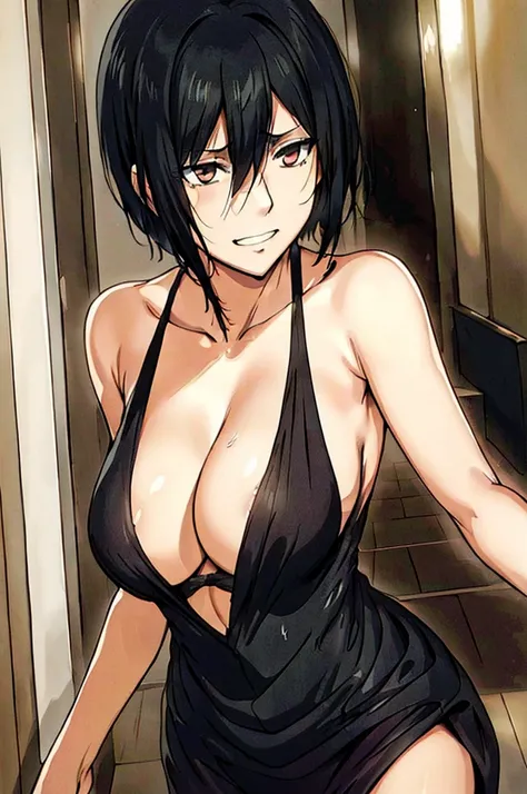 1girl,mikasa ackerman,black hair,short hair between eyes,black dress,cleavage,,big breasts,smirk,wearing deep_v-neck_dress,hews style,facing viewer