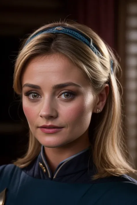 Jenna Coleman, Emma Rigby, Emilie de Ravin, young woman in blue s3stngunf uniform,real, masterpiece, best quality, (detail skin texture, ultra-detailed body),
1girl, solo,blonde hair, hairband, realistic, long hair, lips, upper body, expressionless,  brown...