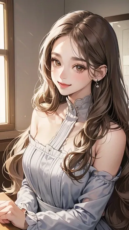 (table top, digital illustration, 4k, 8k, Super detailed, beautiful images, clear image, perfect face, perfect lines, perfect eyes, soft lighting) 1 female, (gray long wavy hair, innocent look, look at viewer, side view,Over-the-shoulder ,Thin Eyebrows ,dr...