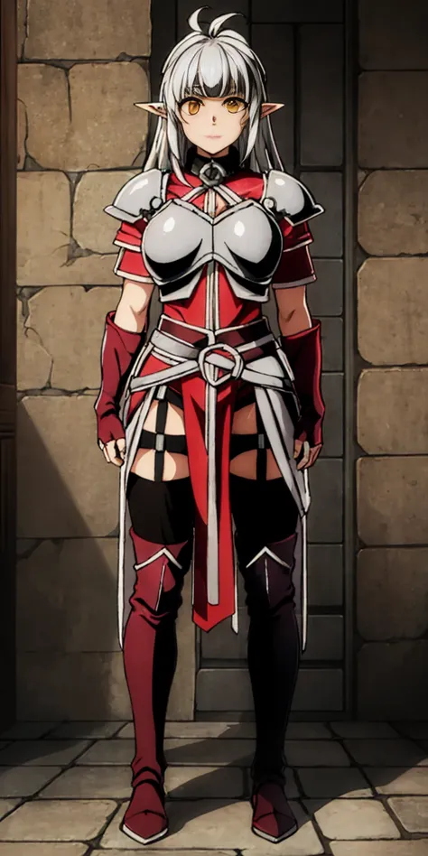 masterpiece, best quality, high quality, 1solo white SKIN elf, long hair, white hair, yellow eyes, full body, breastplate, looking at viewer, shiny, armor, thigh highs, high boots, shoulder armor, faulds, poleyn, gloves, gauntlets