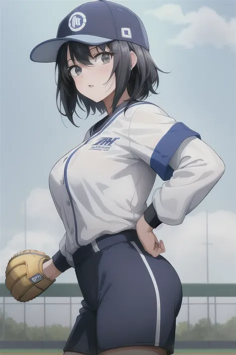 neocoill,  masterpiece, best quality, 1girl, baseball uniform, solo, baseball mitt, baseball cap, hat, baseball, sky, sportswear...