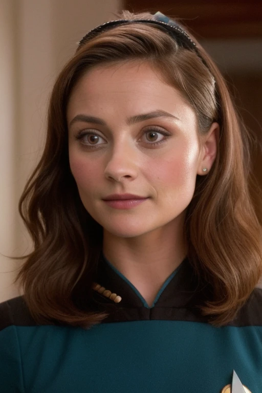 Jenna Coleman, Emma Rigby, Emilie de Ravin, young woman in teal s3stngunf uniform,real, masterpiece, best quality, (detail skin texture, ultra-detailed body), 1girl, solo, Brown wavy hair, hairband, realistic, long hair, lips, upper body, expressionless, b...