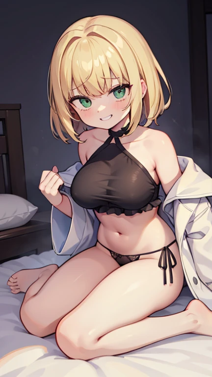 ((highest quality)), ((masterpiece)), (become familiar with), perfect face,blonde,medium hair,grated bangs,eyes without highlights,Desaturated, dark green eyes,Drooping eyes,grinning,look down,black choker,tall,big breasts,Rubbing your chest with selfie,of...