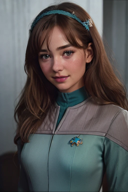 Emma Rigby, young woman in teal s3stngunf uniform,real, masterpiece, best quality, (detail skin texture, ultra-detailed body), 1girl, solo, Brown wavy hair, hairband, realistic, long hair, lips, upper body, expressionless, brown eyes, smile, Full body,