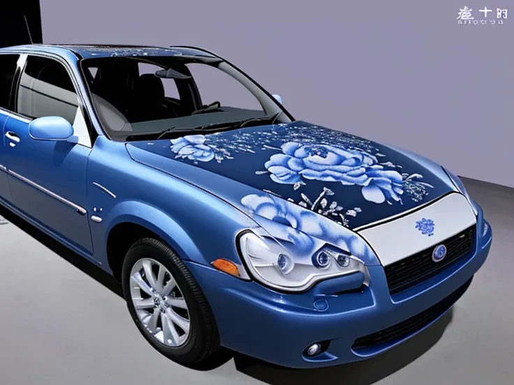 表面贴有绒花图案的Car，Blue and white velvet flower pattern，Stylish cars，Peony，Large area mapping，Car surface pattern，Fashionable velvet flower pattern，Car，