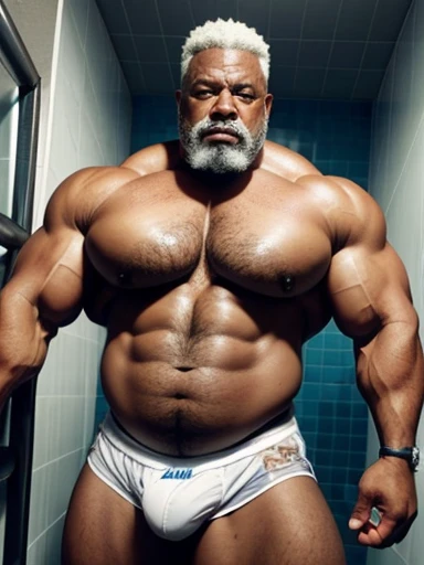  a very sweaty very old silver haired extremely muscular and extremely fat African American man over 70 years old , de 600 libras de peso,con un gran, with very large and very flaccid pectorals with extremely large and pointed nipples,  with muscles flexed...