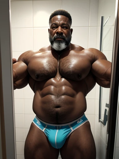  a very sweaty very old silver haired extremely muscular and extremely fat African American man over 70 years old , de 600 libras de peso,con un gran, with very large and very flaccid pectorals with extremely large and pointed nipples,  with muscles flexed...