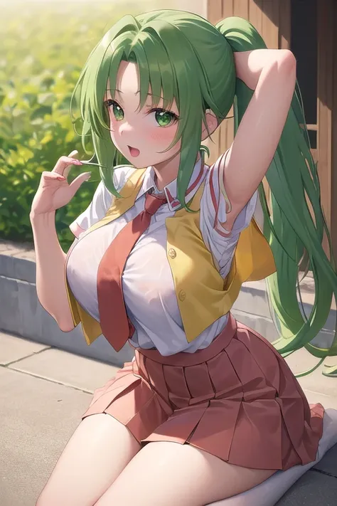 masterpiece, highest quality, Super detailed, 1 girl,  Mion Sonozaki, green hair, green eyes, ponytail, surprise、blush、open your mouth、white shirt,I can see your bra、 red tie, yellow vest, red mini skirt、thighs、full body shot