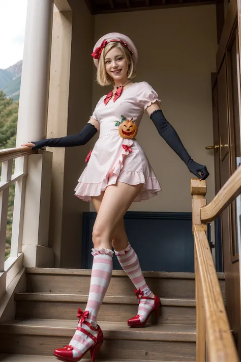 (masterpiece),(best quality), 16k CGI render ((photography)), lambdadelta, dress, shoes bow, red shoes, striped stockings, red bow, pink hat, pumpkin brooch, necklace, gloves, pearl, walking, smile, stairs, temple, mountain, forest, looking at the viewer,