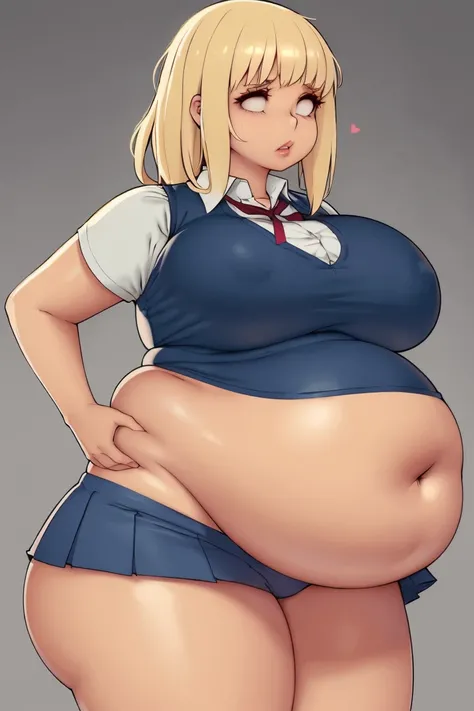 1 girl, art by kipteitei, best quality, masterpiece, high resolution, taller , chubby belly, love handles, hanging belly, thick thighs, really big breasts, oval shaped breasts, really big ass, medium length hair, really blonde hair, messy hair, bottom heav...