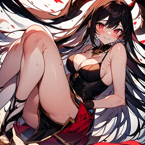 1girl, solo ,masterpiece,highest quality, long eyelashes, Yandere, Yandere,  bangs, eyes without light, slanted eyes,black pantyhose,Fair skin, Patsun bangs, Witch-like red eyes and black hair,nordic face,,red lipstick, crossed legs,black dress, looking at...