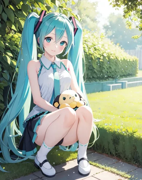 masterpiece, best quality, 1girl, hatsune miku, peeing on a doll