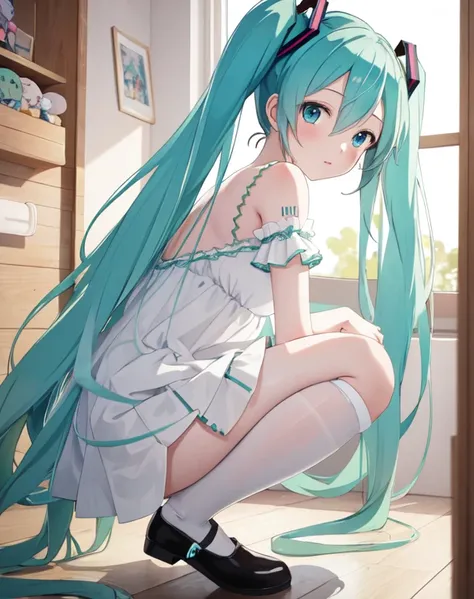 masterpiece, best quality, 1girl, hatsune miku, peeing on a doll, a doll being peed on