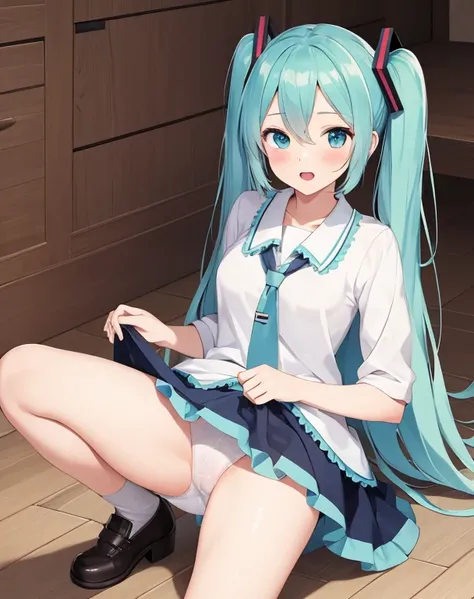 masterpiece, best quality, 1girl, hatsune miku, peeing on a doll, a doll being peed on