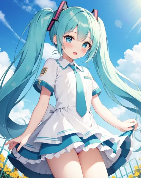 masterpiece, best quality, 1girl, hatsune miku, peeing on a doll, a doll being peed on