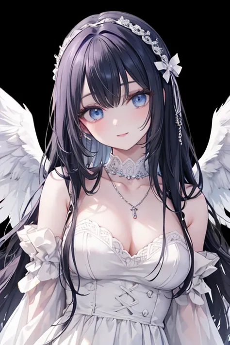 masterpiece_portrait, distinct, distinct_image, high_resolution, highres, high_quality_anime, high_quality, hyper_detail, finely_detailed, best quality, masterpiece, high resolution, 1 woman, white dress, black hair, blue eyes, hair accessories, necklace, ...